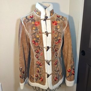 St John's Bay Vintage Size S Brown Suede Leather Sherpa Winter Coat w/embroidery